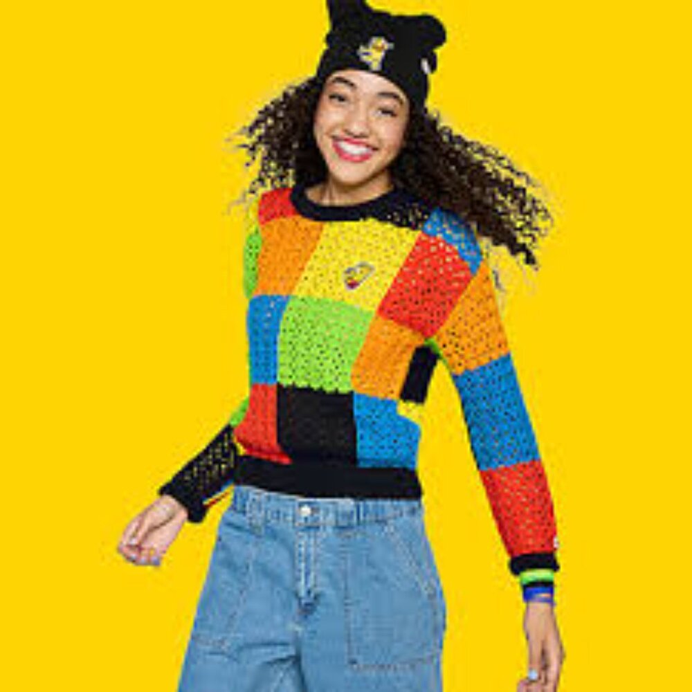 Jcpenney x HARIBO Colorful Patchwork Junior Crew Neck Sweater Large BRAND NEW
